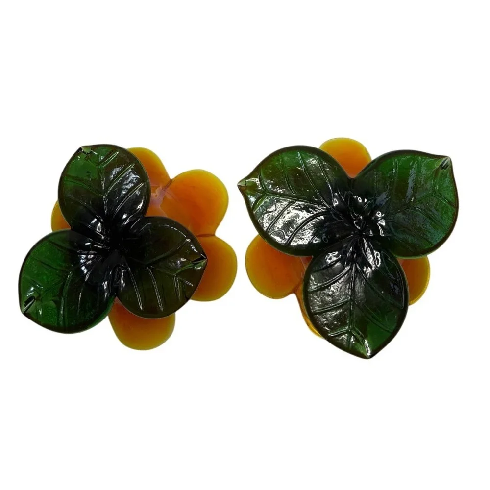 Orange Yellow Green Lily Art Glass Flower Votive Candle Holder Set of 2 Vintage